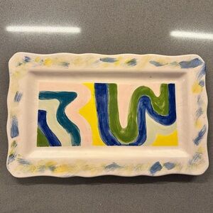 Vintage 1980s Ceramic Serving Tray with Abstract Swirl Pattern Signed